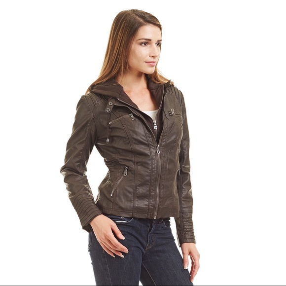 Jackets & Blazers - Women's Faux Leather Jacket with Hoodie in Coffee